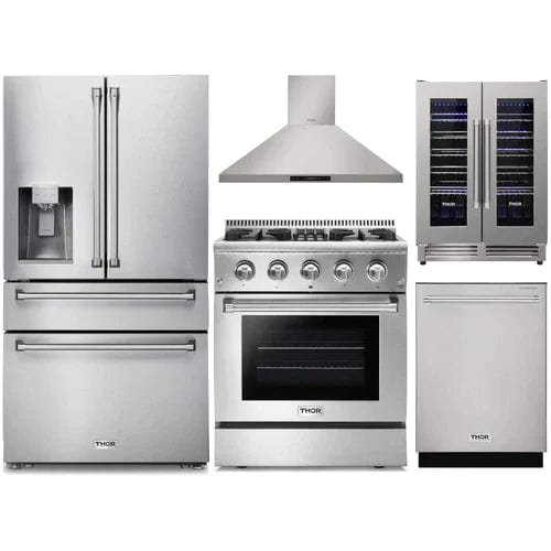 Thor Kitchen 5-Piece Pro Appliance Package - 30-Inch Dual Fuel Range, Refrigerator with Water Dispenser, Wall Mount Hood, Dishwasher, & Wine Cooler in Stainless Steel I Luxury Appliances Direct