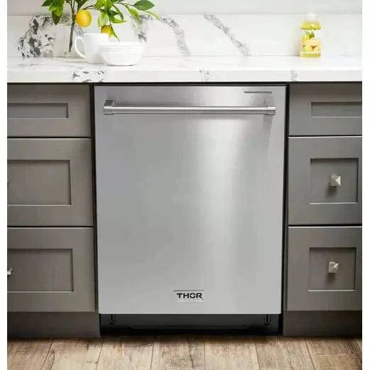 Thor Kitchen 5-Piece Pro Appliance Package - 30-Inch Gas Range, Refrigerator with Water Dispenser, Under Cabinet Hood, Dishwasher, & Microwave Drawer in Stainless Steel I Luxury Appliances Direct