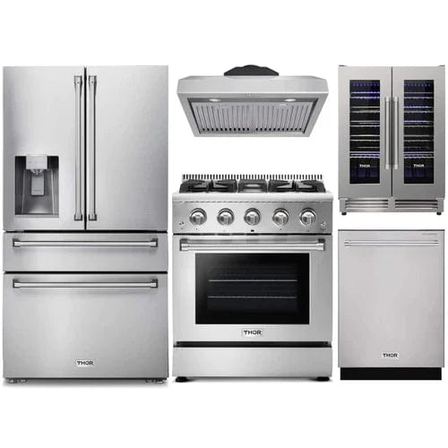 Thor Kitchen 5-Piece Pro Appliance Package - 30-Inch Gas Range, Refrigerator with Water Dispenser, Under Cabinet Hood, Dishwasher, & Wine Cooler in Stainless Steel I Luxury Appliances Direct