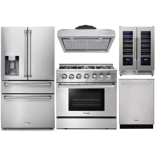 Thor Kitchen 5-Piece Pro Appliance Package - 36-Inch Dual Fuel Range, Refrigerator with Water Dispenser, Under Cabinet Hood, Dishwasher, & Wine Cooler in Stainless Steel I Luxury Appliances Direct