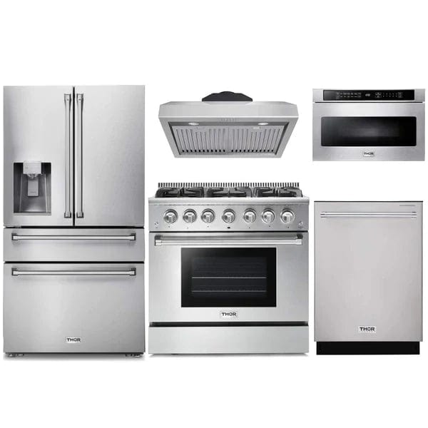 Thor Kitchen 5-Piece Pro Appliance Package - 36-Inch Gas Range, Refrigerator with Water Dispenser, Under Cabinet Hood, Dishwasher, & Microwave Drawer in Stainless Steel I Luxury Appliances Direct