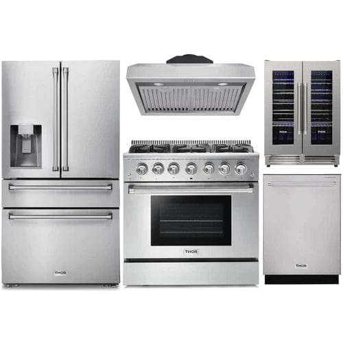 Thor Kitchen 5-Piece Pro Appliance Package - 36-Inch Gas Range, Refrigerator with Water Dispenser, Under Cabinet Hood, Dishwasher, & Wine Cooler in Stainless Steel I Luxury Appliances Direct