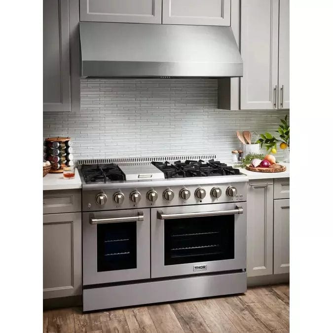 Thor Kitchen 5-Piece Pro Appliance Package - 48-Inch Dual Fuel Range, Refrigerator with Water Dispenser, Dishwasher, Under Cabinet Hood, & Microwave Drawer in Stainless Steel I Luxury Appliances Direct