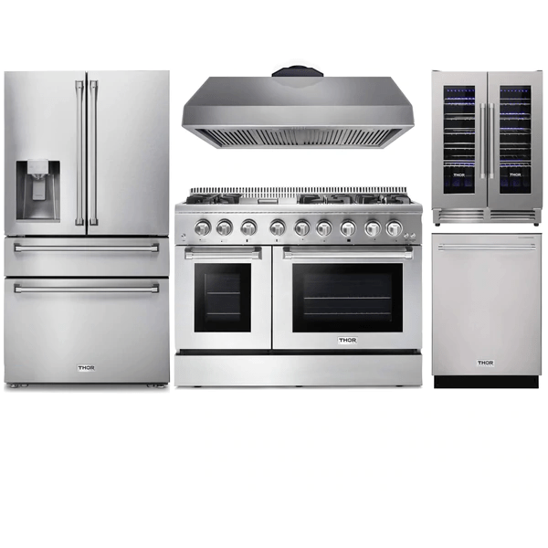 Thor Kitchen 5-Piece Pro Appliance Package - 48-Inch Dual Fuel Range, Under Cabinet Hood, Refrigerator with Water Dispenser, Dishwasher, & Wine Cooler in Stainless Steel I Luxury Appliances Direct