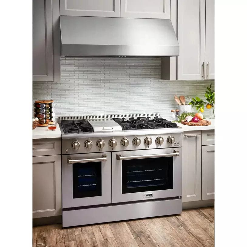 Thor Kitchen 5-Piece Pro Appliance Package - 48-Inch Dual Fuel Range, Under Cabinet Hood, Refrigerator with Water Dispenser, Dishwasher, & Wine Cooler in Stainless Steel I Luxury Appliances Direct