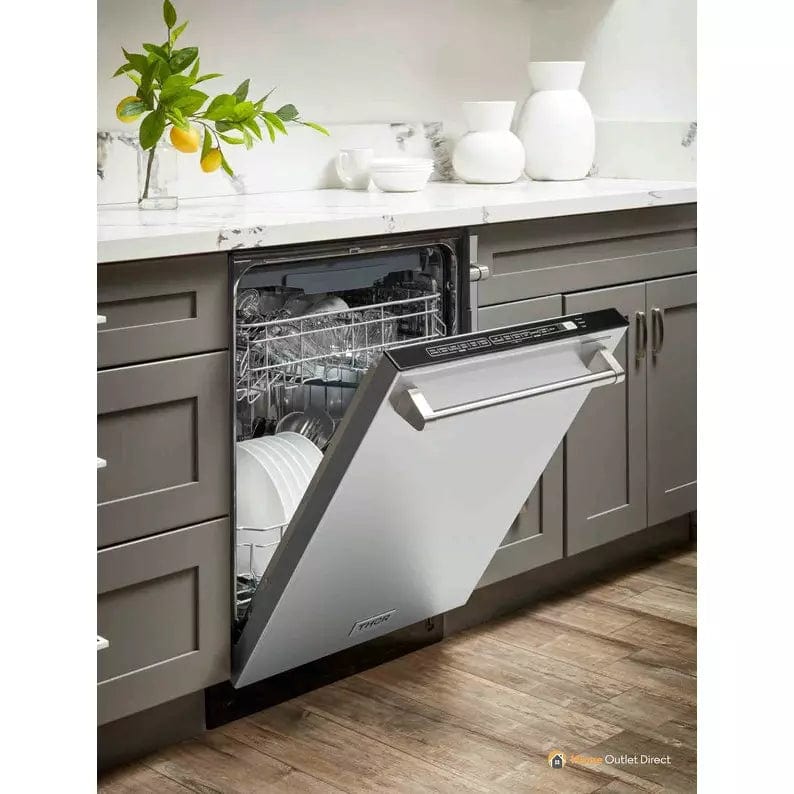 Thor Kitchen 5-Piece Pro Appliance Package - 48-Inch Dual Fuel Range, Under Cabinet Hood, Refrigerator with Water Dispenser, Dishwasher, & Wine Cooler in Stainless Steel I Luxury Appliances Direct