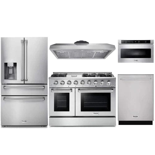 Thor Kitchen 5-Piece Pro Appliance Package - 48-Inch Gas Range, Refrigerator with Water Dispenser, Dishwasher, Under Cabinet Hood, & Microwave Drawer in Stainless Steel I Luxury Appliances Direct