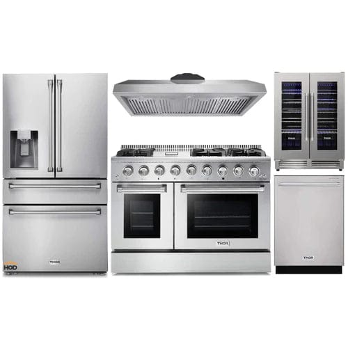 Thor Kitchen 5-Piece Pro Appliance Package - 48-Inch Gas Range, Refrigerator with Water Dispenser, Dishwasher, & Wine Cooler in Stainless Steel I Luxury Appliances Direct