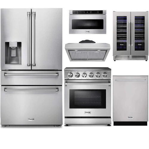 Thor Kitchen 6-Piece Appliance Package - 30-Inch Electric Range, Refrigerator with Water Dispenser, Under Cabinet Hood, Dishwasher, Microwave Drawer, & Wine Cooler in Stainless Steel I Luxury Appliances Direct