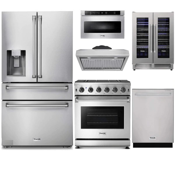 Thor Kitchen 6-Piece Appliance Package - 30-Inch Gas Range, Refrigerator with Water Dispenser, Under Cabinet Hood, Dishwasher, Microwave Drawer, & Wine Cooler in Stainless Steel I Luxury Appliances Direct