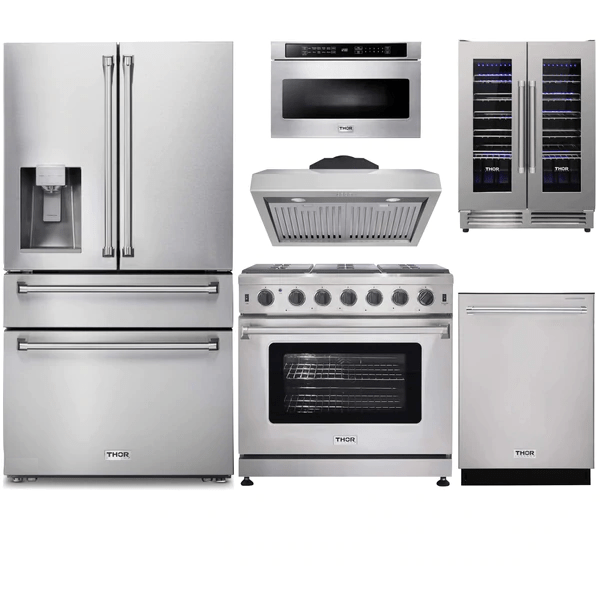 Thor Kitchen 6-Piece Appliance Package - 36-Inch Gas Range, Refrigerator with Water Dispenser, Under Cabinet Hood, Dishwasher, Microwave Drawer, & Wine Cooler in Stainless Steel I Luxury Appliances Direct