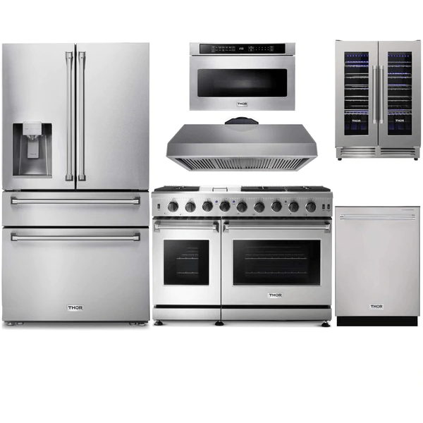 Thor Kitchen 6-Piece Appliance Package - 48-Inch Gas Range, Refrigerator with Water Dispenser, Under-cabinet Hood, Dishwasher, Microwave Drawer, & Wine Cooler in Stainless Steel I Luxury Appliances Direct