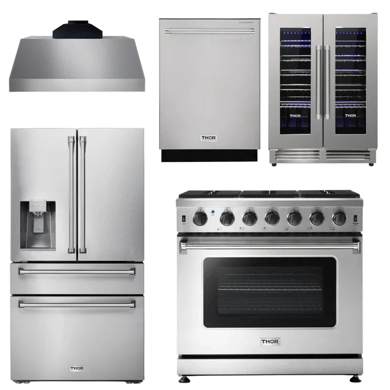 Thor Kitchen 6-Piece Pro Appliance Package - 30-Inch Dual Fuel Range, Refrigerator with Water Dispenser, Under Cabinet Hood, Dishwasher, Microwave Drawer, & Wine Cooler in Stainless Steel I Luxury Appliances Direct