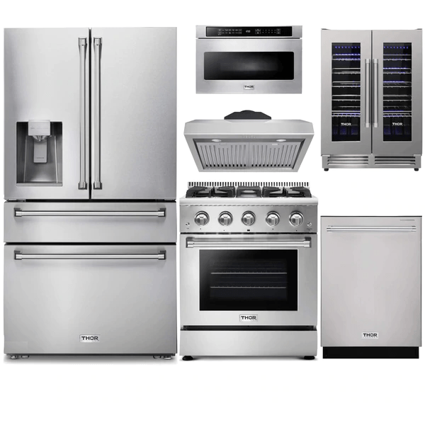 Thor Kitchen 6-Piece Pro Appliance Package - 30-Inch Gas Range, Refrigerator with Water Dispenser, Under Cabinet Hood, Dishwasher, Microwave Drawer, & Wine Cooler in Stainless Steel I Luxury Appliances Direct