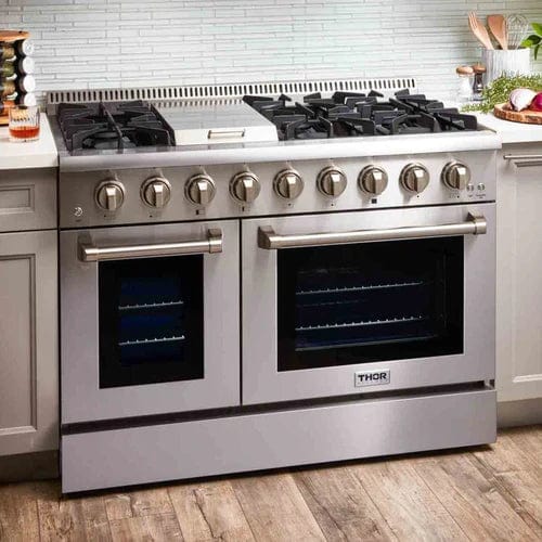 Thor Kitchen 6-Piece Pro Appliance Package - 48-Inch Gas Range, Refrigerator with Water Dispenser, Dishwasher, Pro Wall Mount Hood, Microwave Drawer, & Wine Cooler in Stainless Steel I Luxury Appliances Direct