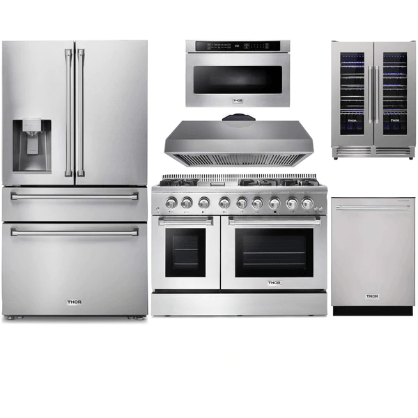 Thor Kitchen 6-Piece Pro Appliance Package - 48-Inch Gas Range, Refrigerator with Water Dispenser, Dishwasher, Under Cabinet Hood, Microwave Drawer, & Wine Cooler in Stainless Steel I Luxury Appliances Direct