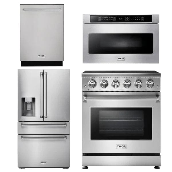 Thor Kitchen Appliance Package - 30 In. Electric Range, Microwave Drawer, Counter-Depth Refrigerator with Water and Ice Dispenser, Dishwasher I Luxury Appliances Direct