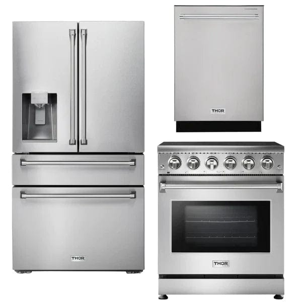 Thor Kitchen Appliance Package - 30 In. Electric Range, Refrigerator with Water and Ice Maker, Dishwasher I Luxury Appliances Direct
