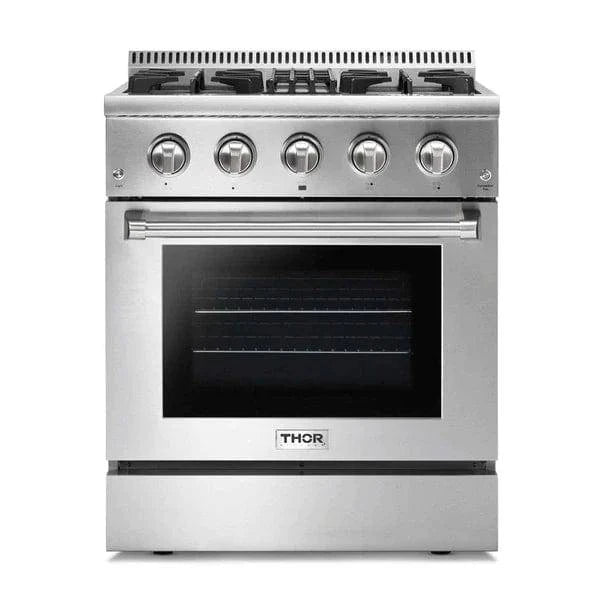 Thor Kitchen Appliance Package - 30 In. Gas Burner/Electric Oven Range, Refrigerator with Water and Ice Dispenser, Dishwasher I Luxury Appliances Direct