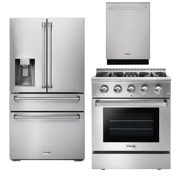 Thor Kitchen Appliance Package - 30 In. Gas Burner/Electric Oven Range, Refrigerator with Water and Ice Dispenser, Dishwasher I Luxury Appliances Direct