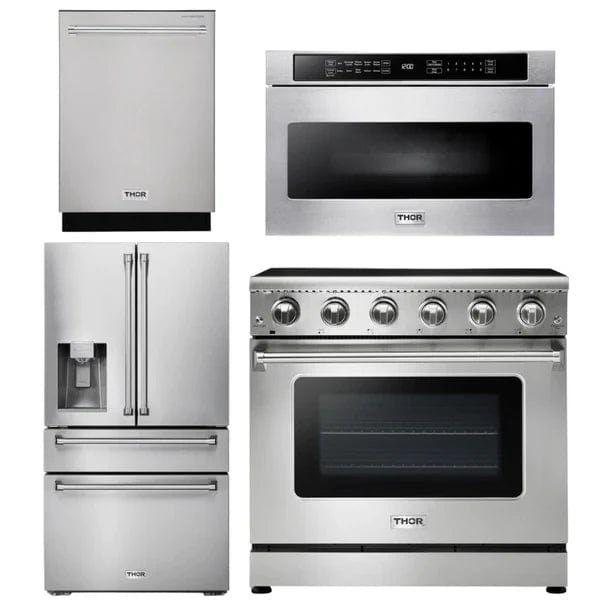 Thor Kitchen Appliance Package - 36 in. Electric Range, Microwave Drawer, Refrigerator with Water and Ice Dispenser, Dishwasher I Luxury Appliances Direct