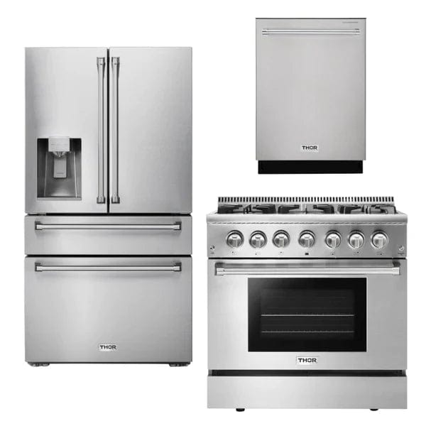 Thor Kitchen Appliance Package - 36 In. Gas Burner/Electric Oven Range, Dishwasher, Refrigerator with Water and Ice Dispenser I Luxury Appliances Direct