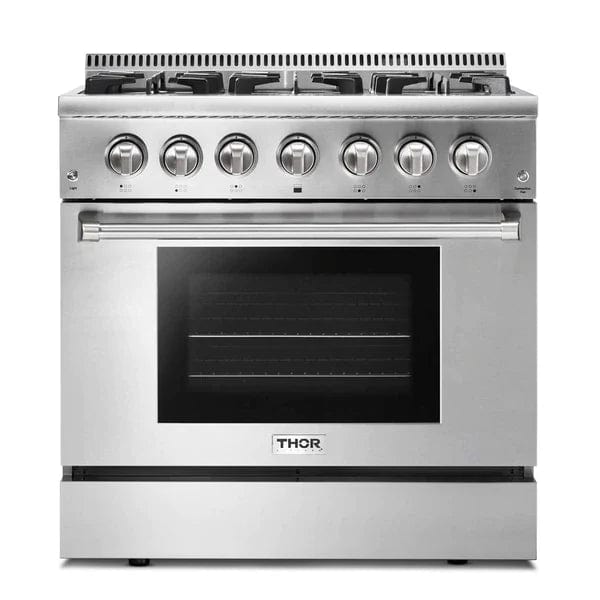 Thor Kitchen Appliance Package - 36 In. Gas Burner/Electric Oven Range, Dishwasher, Refrigerator with Water and Ice Dispenser I Luxury Appliances Direct