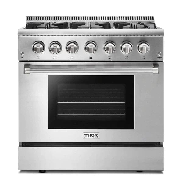 Thor Kitchen Appliance Package - 36 In. Propane Gas Burner/Electric Oven Range, Dishwasher, Refrigerator with Water and Ice Dispenser I Luxury Appliances Direct