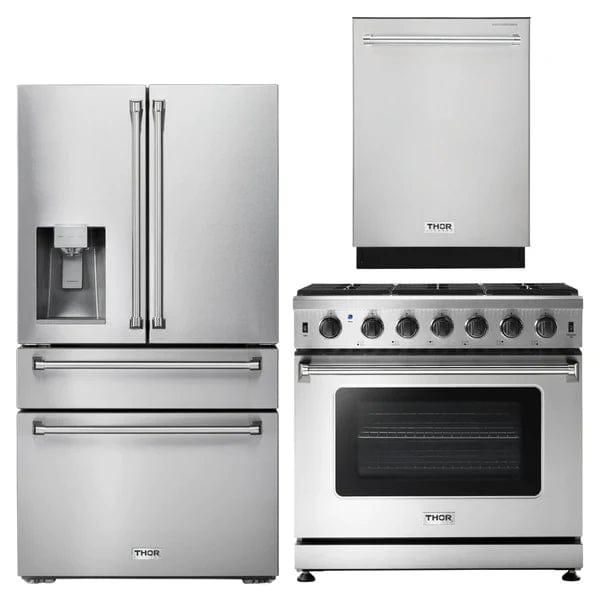 Thor Kitchen Appliance Package - 36 in. Propane Gas Range, Refrigerator with Water and Ice Dispenser, Dishwasher I Luxury Appliances Direct