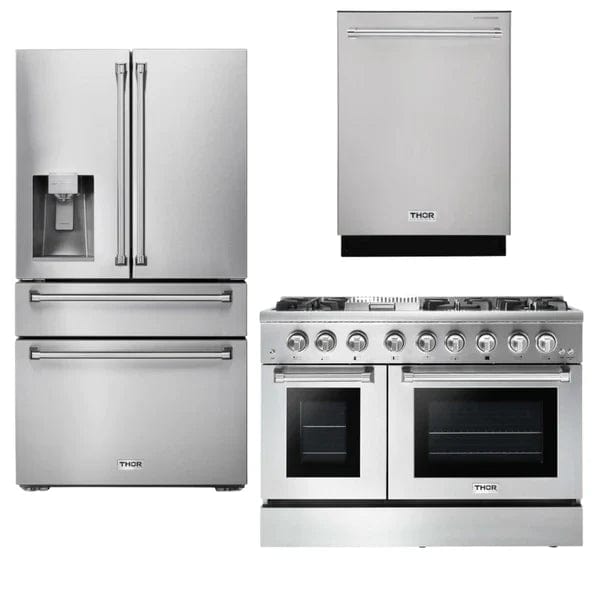 Thor Kitchen Appliance Package - 48 In. Gas Burner, Electric Oven Range, Refrigerator with Water and Ice Dispenser, Dishwasher I Luxury Appliances Direct