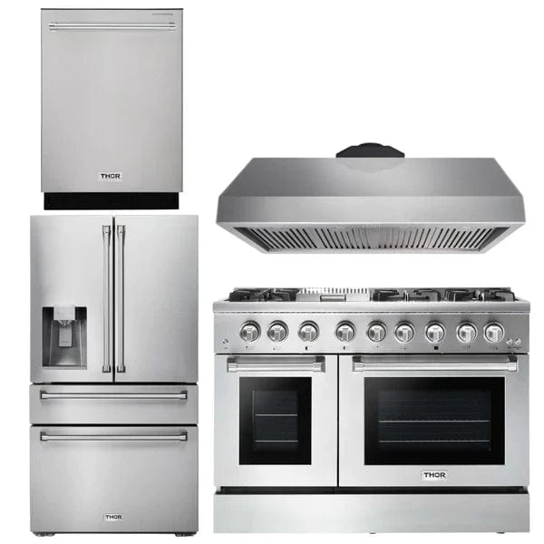 Thor Kitchen Appliance Package - 48 In. Propane Gas Burner, Electric Oven Range, Range Hood, Refrigerator with Water and Ice Dispenser, Dishwasher I Luxury Appliances Direct