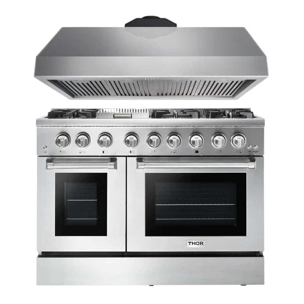 Thor Kitchen Appliance Package - 48 inch Propane Gas Burner/Electric Oven Range, Range Hood I Luxury Appliances Direct