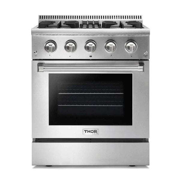 Thor Kitchen Package - 30 in. Gas Burner/Electric Oven Range, Microwave Drawer, Refrigerator with Water and Ice Dispenser, Dishwasher I Luxury Appliances Direct