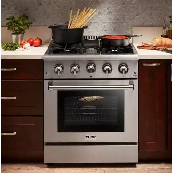 Thor Kitchen Package - 30 In. Gas Range, Refrigerator with Water and Ice Dispenser, Dishwasher I Luxury Appliances Direct