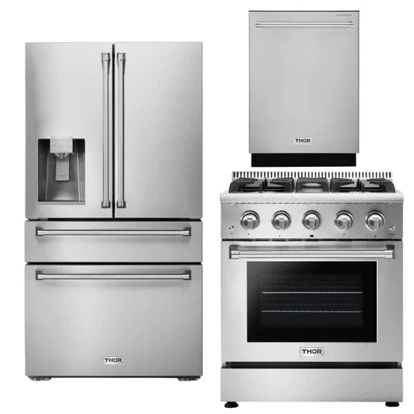Thor Kitchen Package - 30 In. Gas Range, Refrigerator with Water and Ice Dispenser, Dishwasher I Luxury Appliances Direct