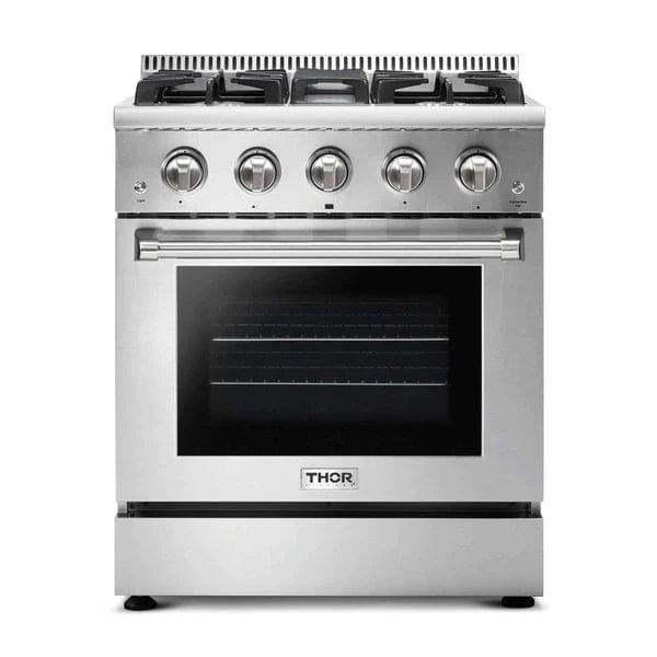 Thor Kitchen Package - 30 in. Professional Gas Range, Microwave Drawer, Refrigerator with Water and Ice Dispenser, Dishwasher I Luxury Appliances Direct