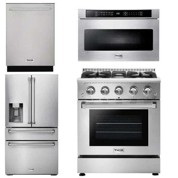 Thor Kitchen Package - 30 In. Propane Gas Range, Microwave Drawer, Refrigerator with Water and Ice Dispenser, Dishwasher I Luxury Appliances Direct