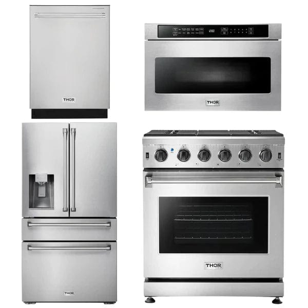 Thor Kitchen Package - 30 in. Propane Gas Range, Microwave Drawer, Refrigerator with Water and Ice Dispenser, Dishwasher I Luxury Appliances Direct