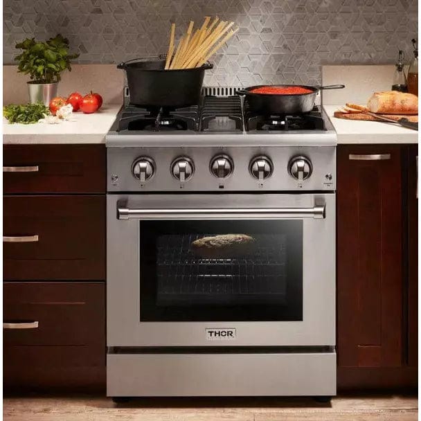 Thor Kitchen Package - 30 In. Propane Gas Range, Microwave Drawer, Refrigerator with Water and Ice Dispenser, Dishwasher I Luxury Appliances Direct