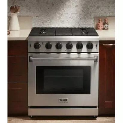 Thor Kitchen Package - 30 in. Propane Gas Range, Microwave Drawer, Refrigerator with Water and Ice Dispenser, Dishwasher I Luxury Appliances Direct