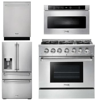 Thor Kitchen Package - 30 in. Propane Gas Range, Microwave Drawer, Refrigerator with Water and Ice Dispenser, Dishwasher I Luxury Appliances Direct