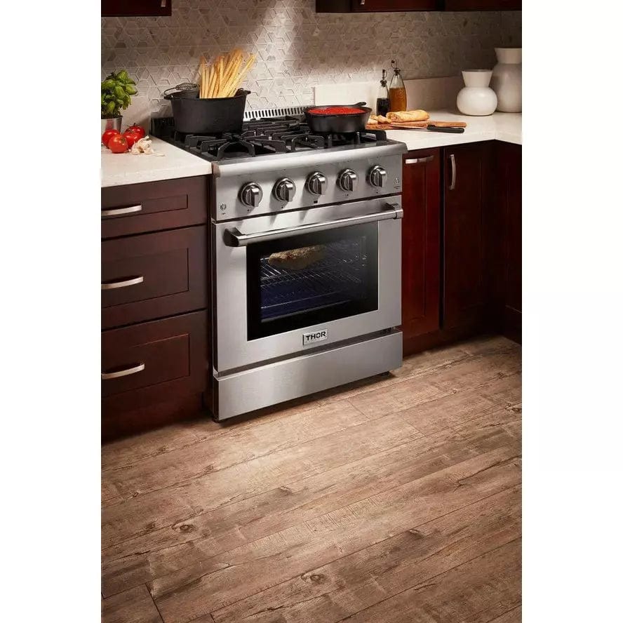 Thor Kitchen Package - 30 in. Propane Gas Range, Refrigerator with Water and Ice Dispenser, Dishwasher I Luxury Appliances Direct