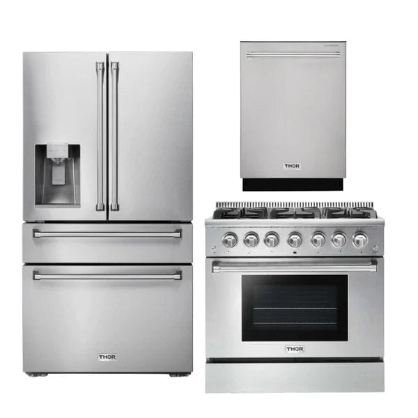 Thor Kitchen Package - 36 In. Natural Gas Range, Refrigerator with Water and Ice Dispenser, Dishwasher I Luxury Appliances Direct