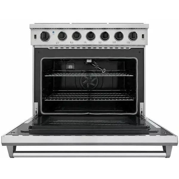 Thor Kitchen Package - 36 in. Propane Gas Range, Microwave Drawer, Refrigerator with Water and Ice Dispenser, Dishwasher I Luxury Appliances Direct