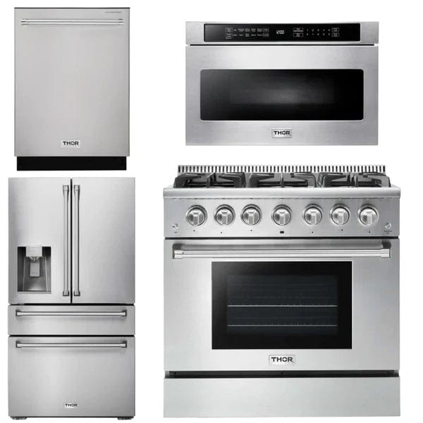 Thor Kitchen Package - 36 in. Propane Gas Range, Microwave Drawer, Refrigerator with Water and Ice Dispenser, Dishwasher I Luxury Appliances Direct