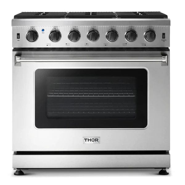 Thor Kitchen Package - 36 in. Propane Gas Range, Microwave Drawer, Refrigerator with Water and Ice Dispenser, Dishwasher I Luxury Appliances Direct