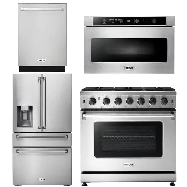 Thor Kitchen Package - 36 in. Propane Gas Range, Microwave Drawer, Refrigerator with Water and Ice Dispenser, Dishwasher I Luxury Appliances Direct