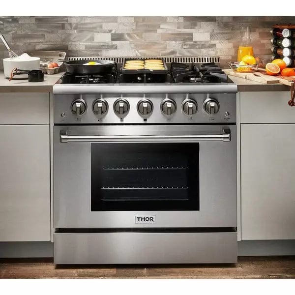 Thor Kitchen Package - 36 In. Propane Gas Range, Refrigerator with Water and Ice Dispenser, Dishwasher I Luxury Appliances Direct
