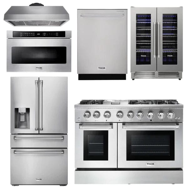 Thor Kitchen Package - 48 In. Dual Fuel Range, Range Hood, Refrigerator with Water and Ice Dispenser, Dishwasher, Microwave Drawer, Wine Cooler I Luxury Appliances Direct