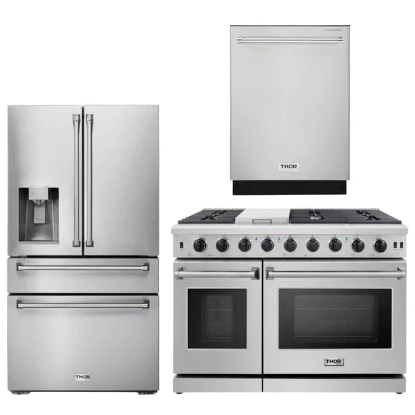 Thor Kitchen Package - 48 in. Gas Range, Dishwasher, Refrigerator with Water and Ice Dispenser I Luxury Appliances Direct
